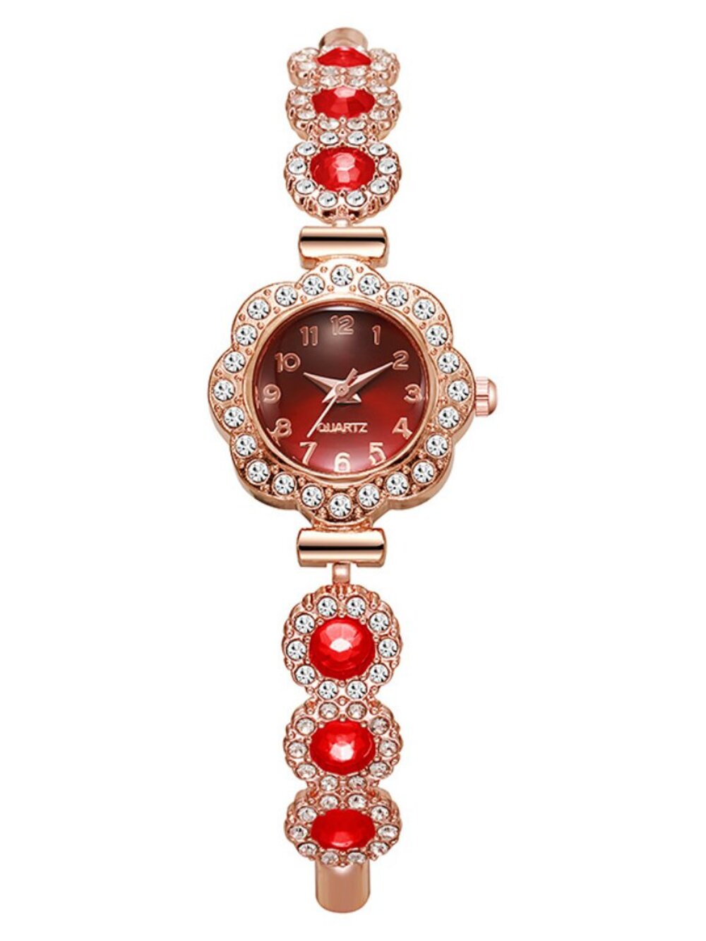 Rose Gold Red Crystal Floral Quartz Bracelet Watch for Women